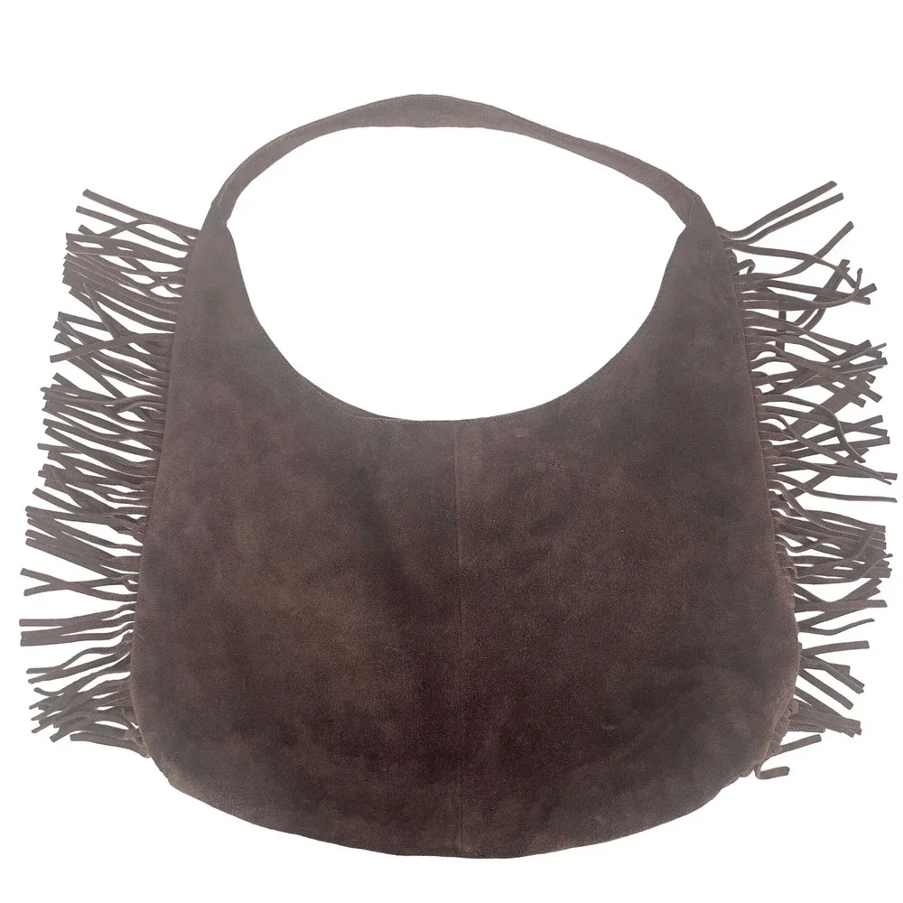 Haute Hippie Suede Fringe Hobo Shoulder Bag Brown Slouchy Boho Western Cowgirl